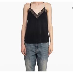 Zadig & Voltaire Deluxe Black Lace Trim Christy Silk Camisole Blouse Tank Top XS